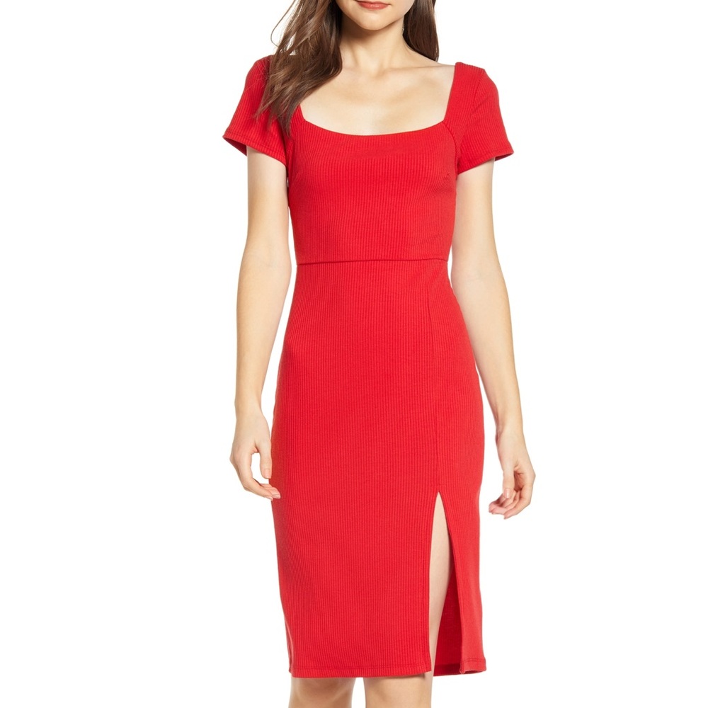 all in favor ribbed square neck midi dress